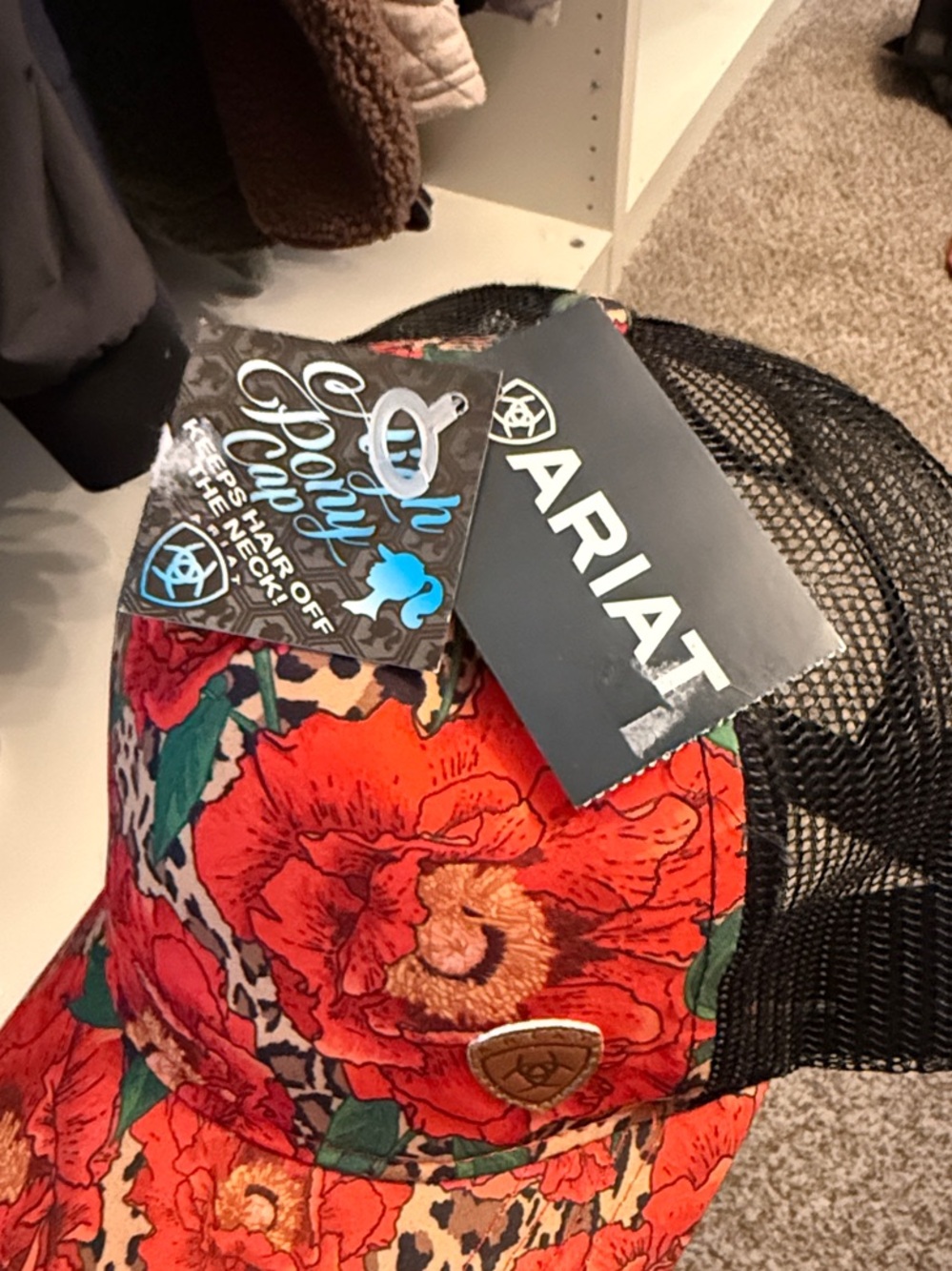 Ariat red Floral & Leopard Mesh Trucker Hat - Picture 3 of 3
